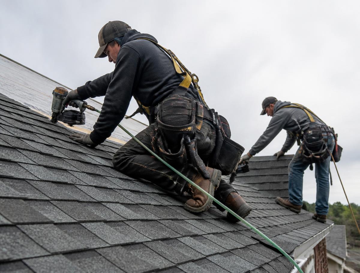 Rainshield roofers installing asphalt shingles on a steep residential roof