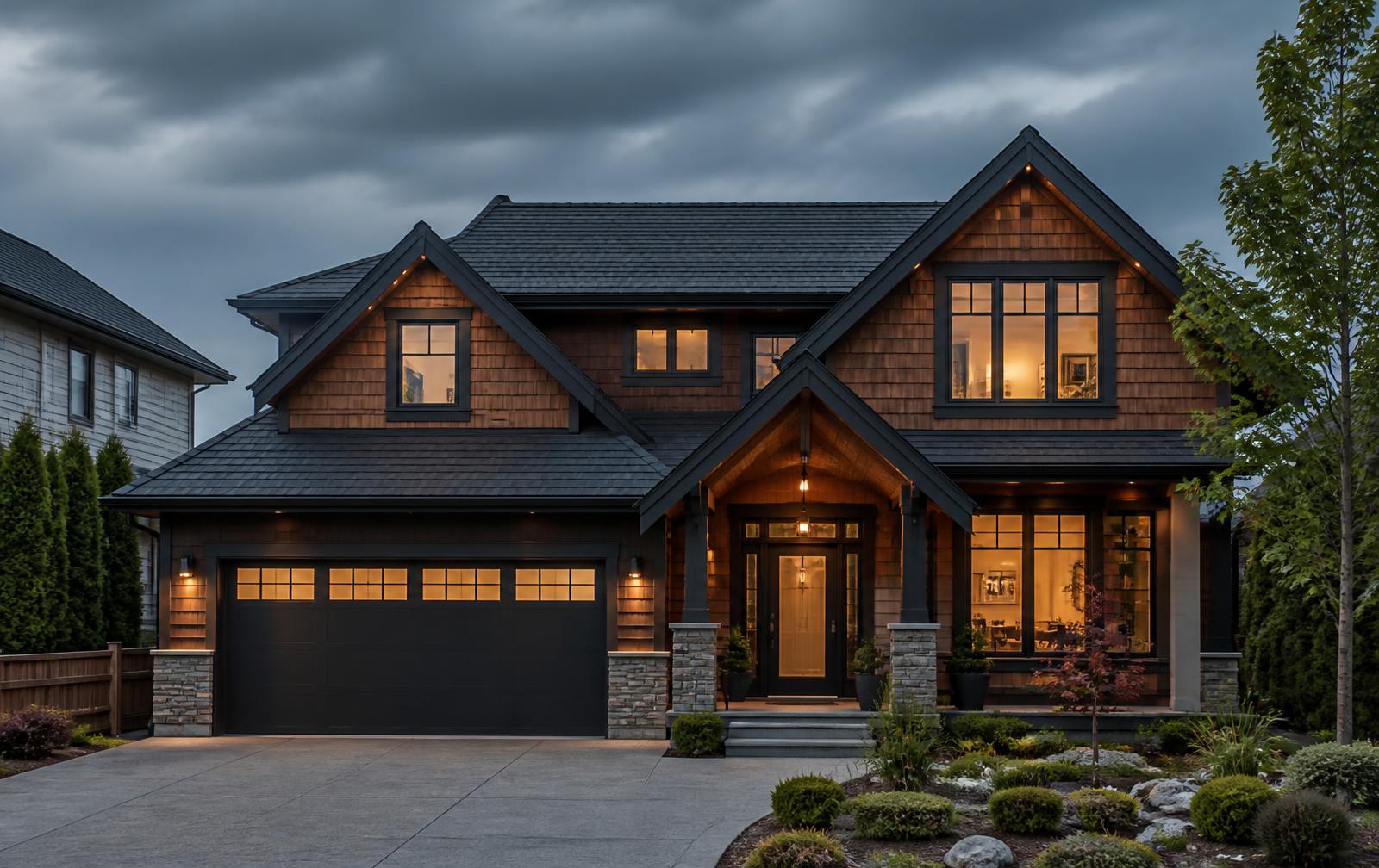 Vancouver home with a new dark architectural shingle roof at dusk