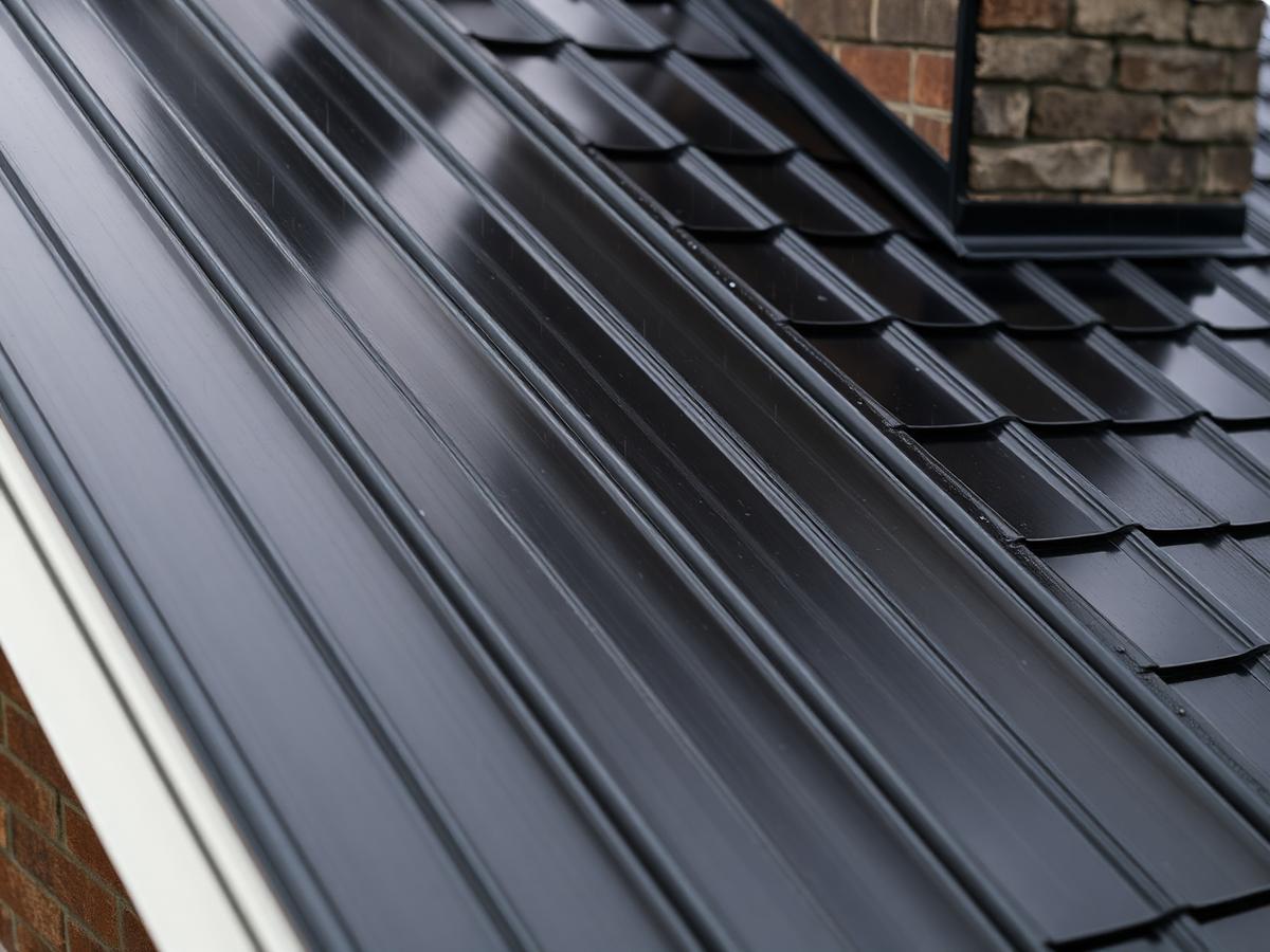 New metal roof panels with clean chimney flashing detail