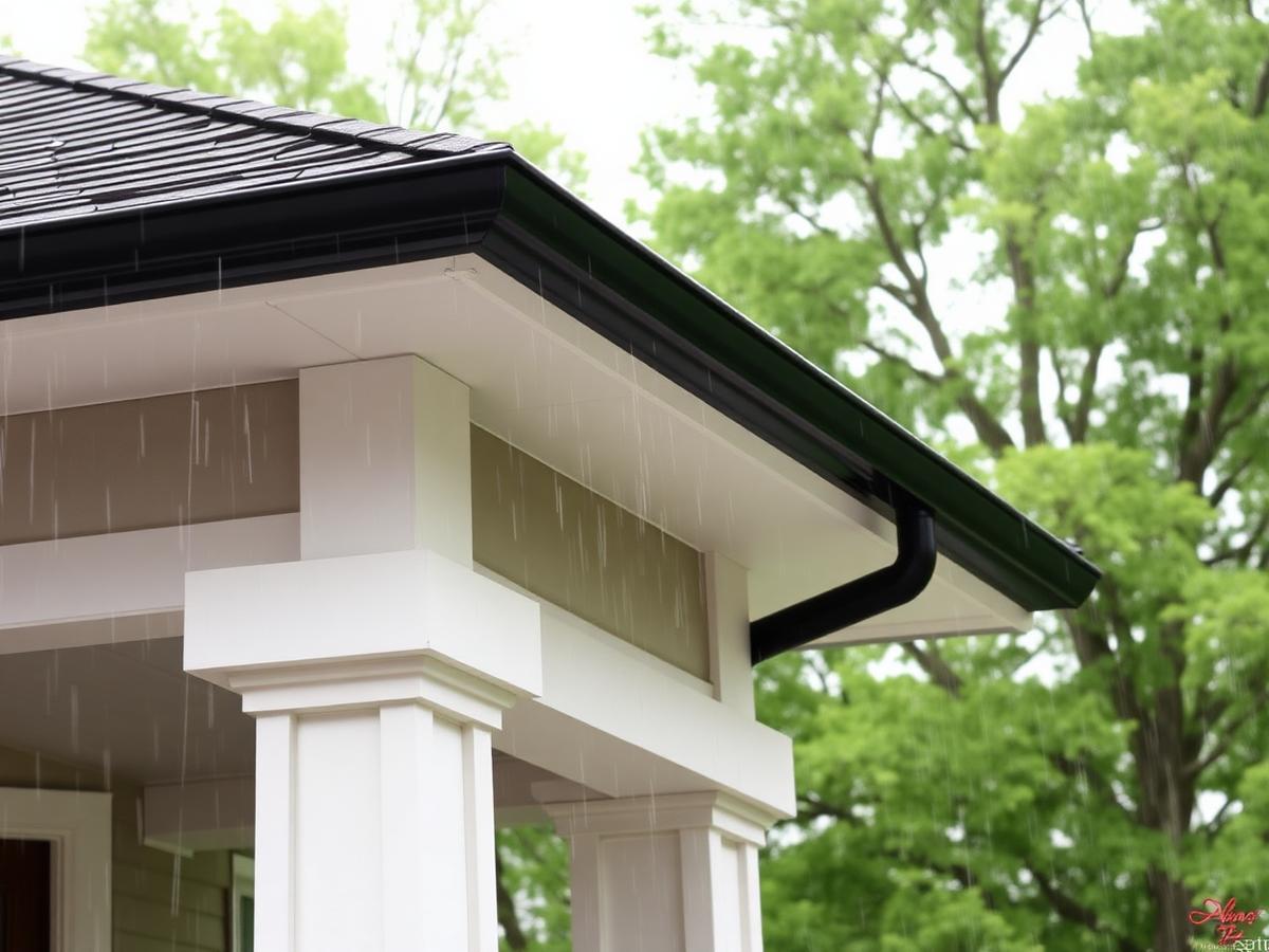 New black seamless gutters and downspout during rainfall
